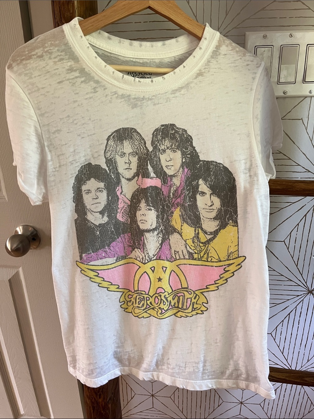 Recycled Karma White Tee with Pink & Yellow Aerosmith Graphic